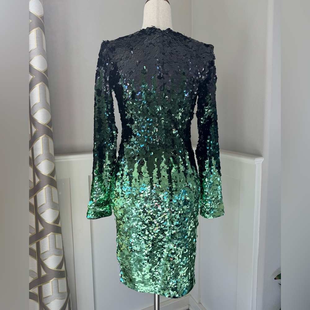 H&M Gold Label Long Sleeve Ombre Sequin Dress Green Black Size 4 - Picture 3 of 13